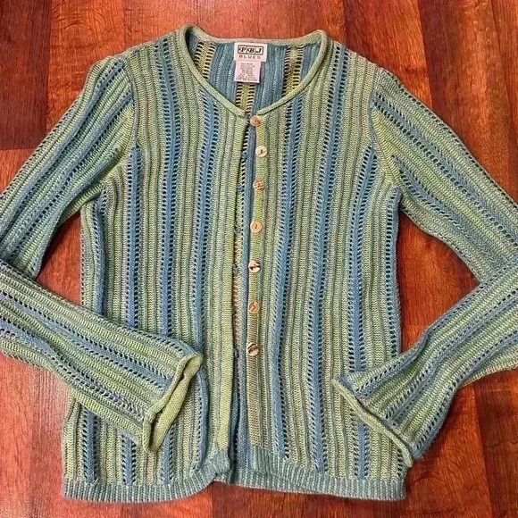Sweaters - Vintage PBJ Blues open knit blue and green cardigan size small